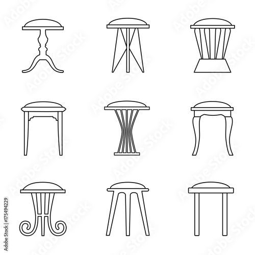 Vector stool in outline style. Linear icons of chairs.