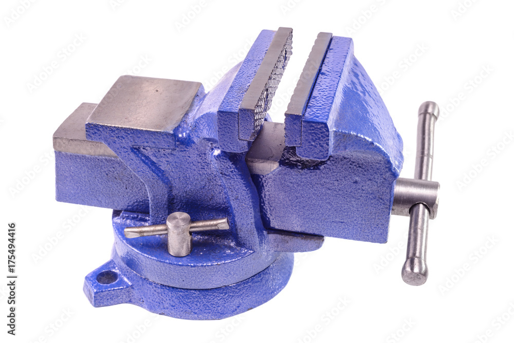 Blue table vise clamp isolated on white background Blue table vise clamp isolated on white background