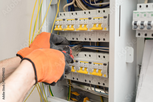 New control panel with electrical equipment. electricity switchers