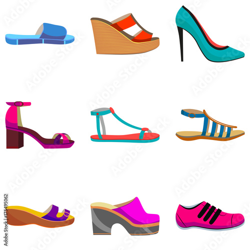 Woman Shoes Set. Colorful Shoes in Cartoon Style for Banners and Fliers of Shops. Vector Illustration of Sneakers Sandals High Heels Slippers Flat and Mules
