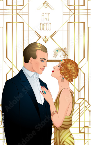 Beautiful couple in art deco style. Retro fashion: glamour man and woman of twenties. Vector illustration. Flapper 20's style. Vintage wedding invitation design template.