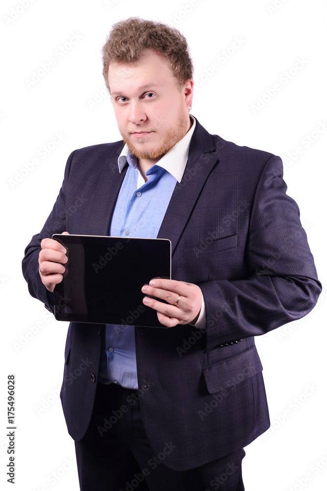 Portrait of a businessman in a jacket with a tablet in hands Portrait of a businessman in a jacket with a tablet in hands