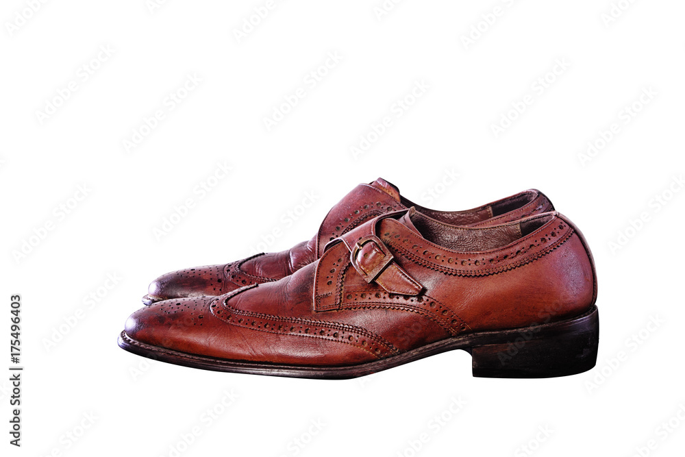 Closeup of Second hand Fashionable Male Classic Leather Shoes isolate on white background