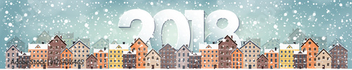 Winter urban landscape. City with snow. Christmas and new year. Cityscape. Buildings.2018.Vector illustration.