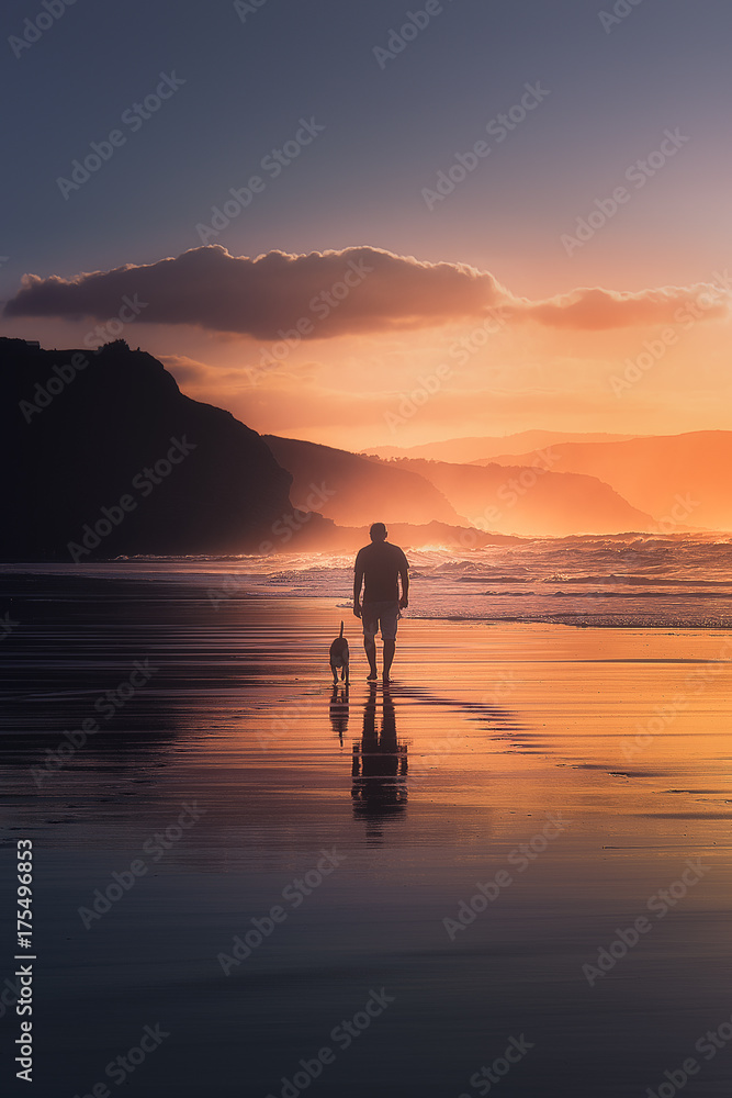 man walking the dog on beach