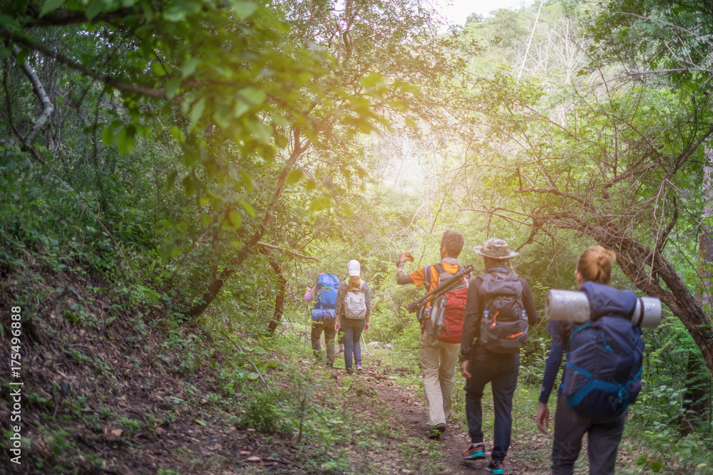 Group tourists hiking on sunny days. subject is soft focus. Group tourists hiking on sunny days. subject is soft focus.