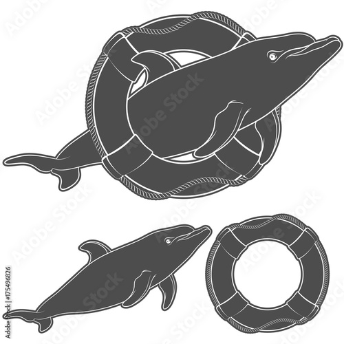 Set of black and white illustrations with a dolphin and a life buoy. Isolated objects on white background.
