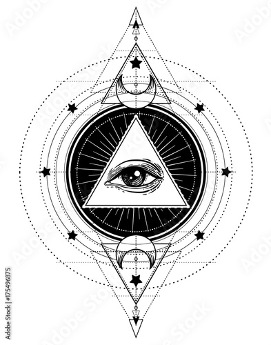 Blackwork tattoo flash. Eye of Providence. Masonic symbol. All seeing eye inside triangle pyramid. New World Order. Sacred geometry, religion. Isolated vector illustration.
