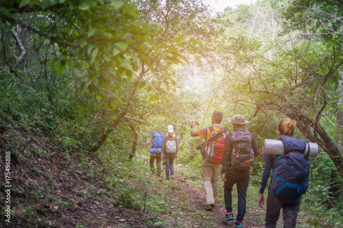 Group tourists hiking on sunny days. subject is soft focus.
