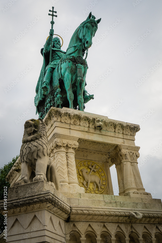 Closeup below statue of King Saint Stephen I on horse in Budapest