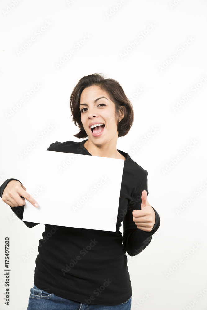 Beautiful young woman holding a blank sheet of paper Beautiful young woman holding a blank sheet of paper