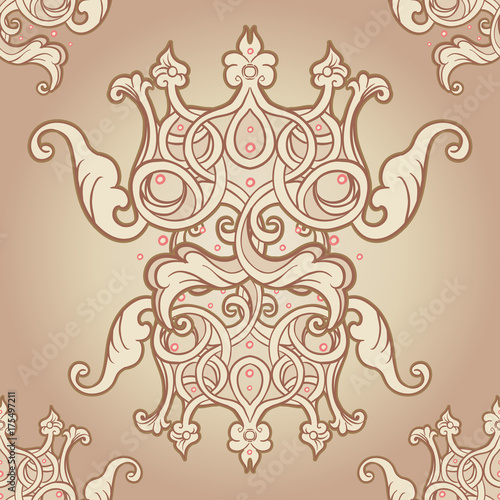 Seamless pattern design with crowns and hearts in medieval style. Ornate Royal repetition background. Wrapping paper, wallpapers. Vector illustration. Detailed textile design.