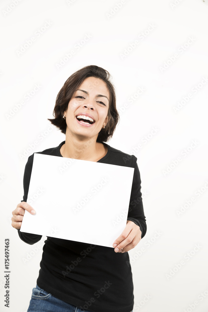 Beautiful young woman holding a blank sheet of paper Beautiful young woman holding a blank sheet of paper
