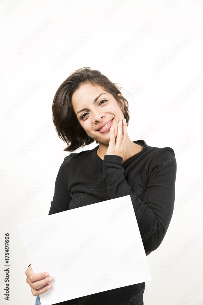 Beautiful young woman holding a blank sheet of paper Beautiful young woman holding a blank sheet of paper