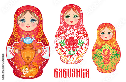 Babushka (matryoshka), traditional Russian wooden nesting doll decorated with painted flowers. Folk arts and crafts. Vector illustration in cartoon style isolated on white.