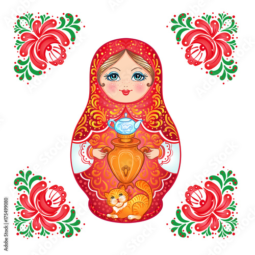 Babushka (matryoshka), traditional Russian wooden nesting doll decorated with painted flowers. Folk arts and crafts. Vector illustration in cartoon style isolated on white.