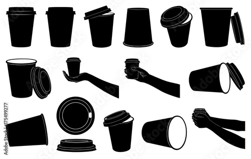 Set of different paper cups for coffee or tea isolated on white