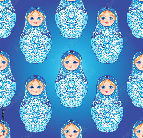 Babushka (matryoshka) seamless pattern. Traditional Russian wooden nesting doll with painted flowers. Folk arts and crafts. Vector illustration in cartoon style. Souvenir from Russia
