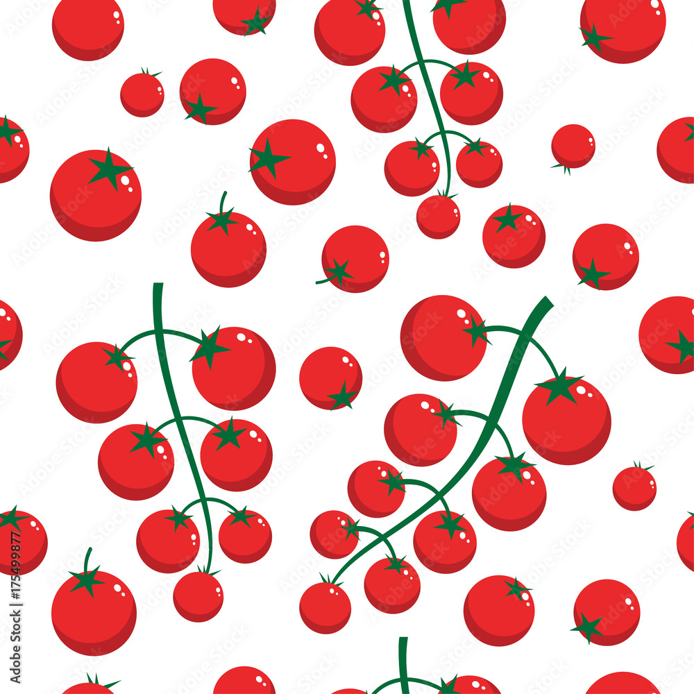 Seamless pattern of cherry tomatoes. Small tomatoes on a white background. Decorative pattern for wrapping paper, fabric, wallpaper. Seamless pattern of cherry tomatoes. Small tomatoes on a white background. Decorative pattern for wrapping paper, fabric, wallpaper.