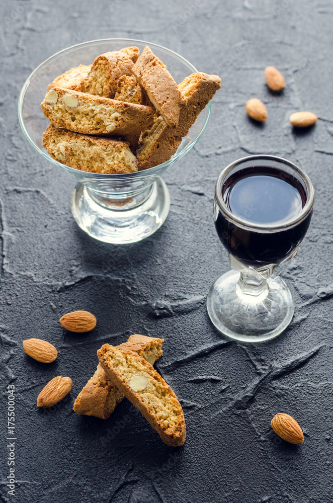 Italian cantuccini cookies and red wine Italian cantuccini cookies and red wine