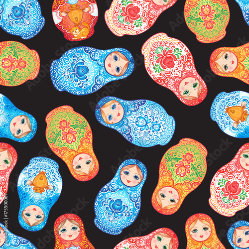 Babushka (matryoshka) seamless pattern. Traditional Russian wooden nesting doll with painted flowers. Folk arts and crafts. Vector illustration in cartoon style. Souvenir from Russia