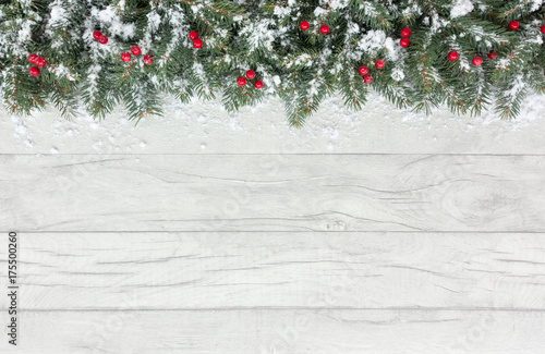 Christmas Border with Snow Covered Red Berries and Fir