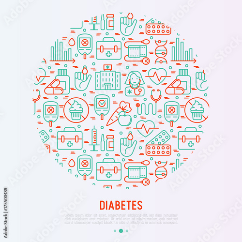 Diabetes concept in circle with thin line icons of symptoms and prevention care. Vector illustration for background of medical survey or report, for banner, web page, print media.