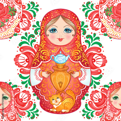 Babushka (matryoshka) seamless pattern. Traditional Russian wooden nesting doll with painted flowers. Folk arts and crafts. Vector illustration in cartoon style. Souvenir from Russia