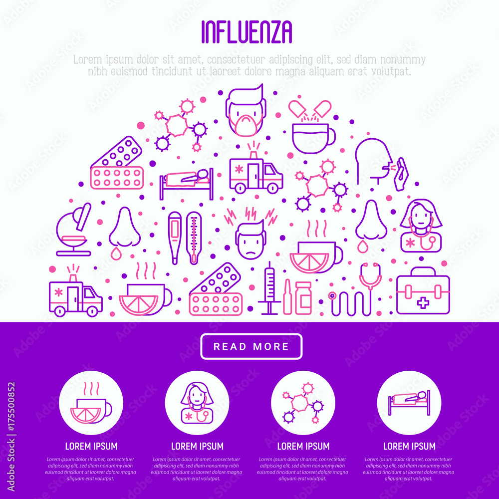 Influenza concept with thin line icons of symptoms and treatments: runny nose, headache, pain in throat, temperature, pills, medicine. Vector illustration for banner, web page, print media. Influenza concept with thin line icons of symptoms and treatments: runny nose, headache, pain in throat, temperature, pills, medicine. Vector illustration for banner, web page, print media.