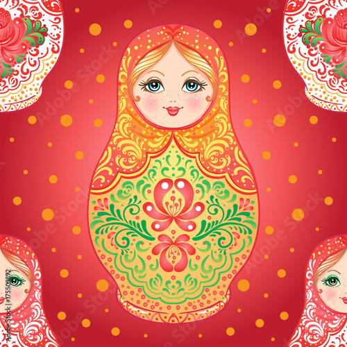 Babushka (matryoshka) seamless pattern. Traditional Russian wooden nesting doll with painted flowers. Folk arts and crafts. Vector illustration in cartoon style. Souvenir from Russia
