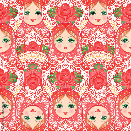 Babushka (matryoshka) seamless pattern. Traditional Russian wooden nesting doll with painted flowers. Folk arts and crafts. Vector illustration in cartoon style. Souvenir from Russia
