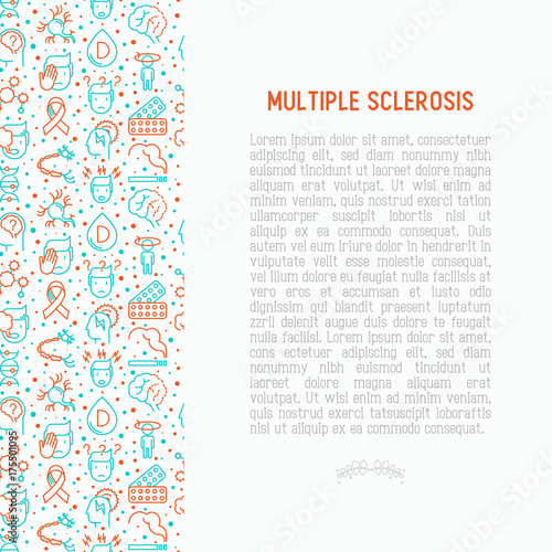Multiple sclerosis concept with thin line icons of symptoms and treatments: disorientation, heredity, neuron myelin sheaths, vitamin D. Vector illustration for banner, web page.