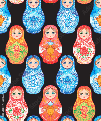 Babushka (matryoshka) seamless pattern. Traditional Russian wooden nesting doll with painted flowers. Folk arts and crafts. Vector illustration in cartoon style. Souvenir from Russia