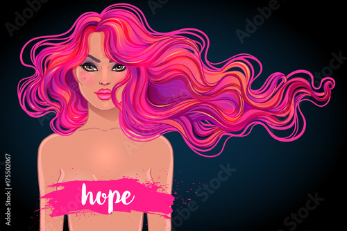 October: Breast Cancer Awareness Month, annual campaign to increase awareness of the disease. Woman with breast cancer awareness pink ribbon, vector illustration health, medicine.