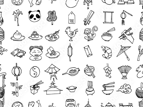 Hand drawn seamless pattern with decorative china isolated. Vector sketch background black and white surface textures illustration used for wallpaper eps10