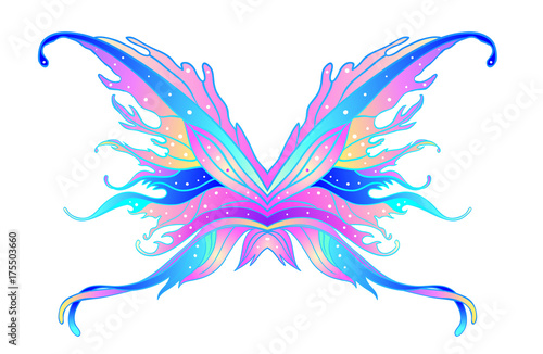 Pair of magical fairy wings. Hand-drawn vector illustration isolated. Trendy magic print, alchemy, mystery, divine goddess. Rainbow colors. Halloween costume. Sticker, pin.