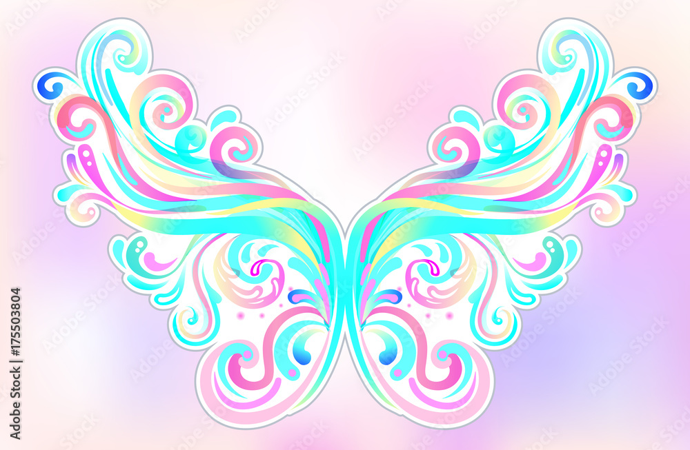 Pair of magical fairy wings. Hand-drawn vector illustration isolated. Trendy magic print, alchemy, mystery, divine goddess. Rainbow colors. Halloween costume detail. Pair of magical fairy wings. Hand-drawn vector illustration isolated. Trendy magic print, alchemy, mystery, divine goddess. Rainbow colors. Halloween costume detail.