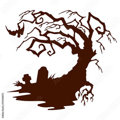 Halloween  silhouette Scary tree without leaves  on white background.