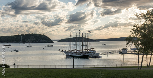 Waterfrot view of Bar Harbor Maine, Porcupine Islands and sailboats photo