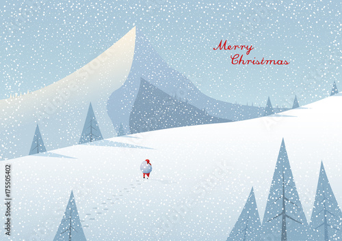 Winter mountain landscape scenery, walking Santa Claus with his bag full of presents in deep snow with pine trees surrounding him and blue sky.