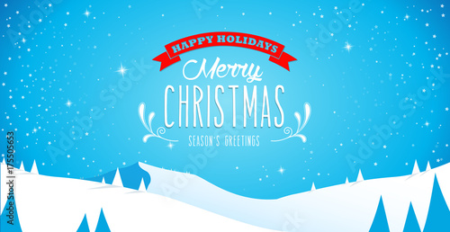 Winter mountain landscape scenery, Merry Christmas text with pine trees and stars.