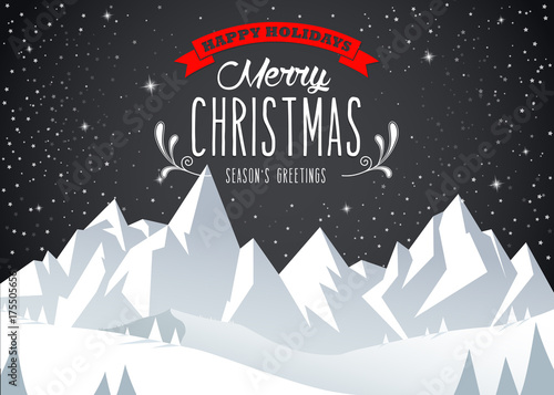 Winter mountain landscape scenery, Merry Christmas text with pine trees and stars.