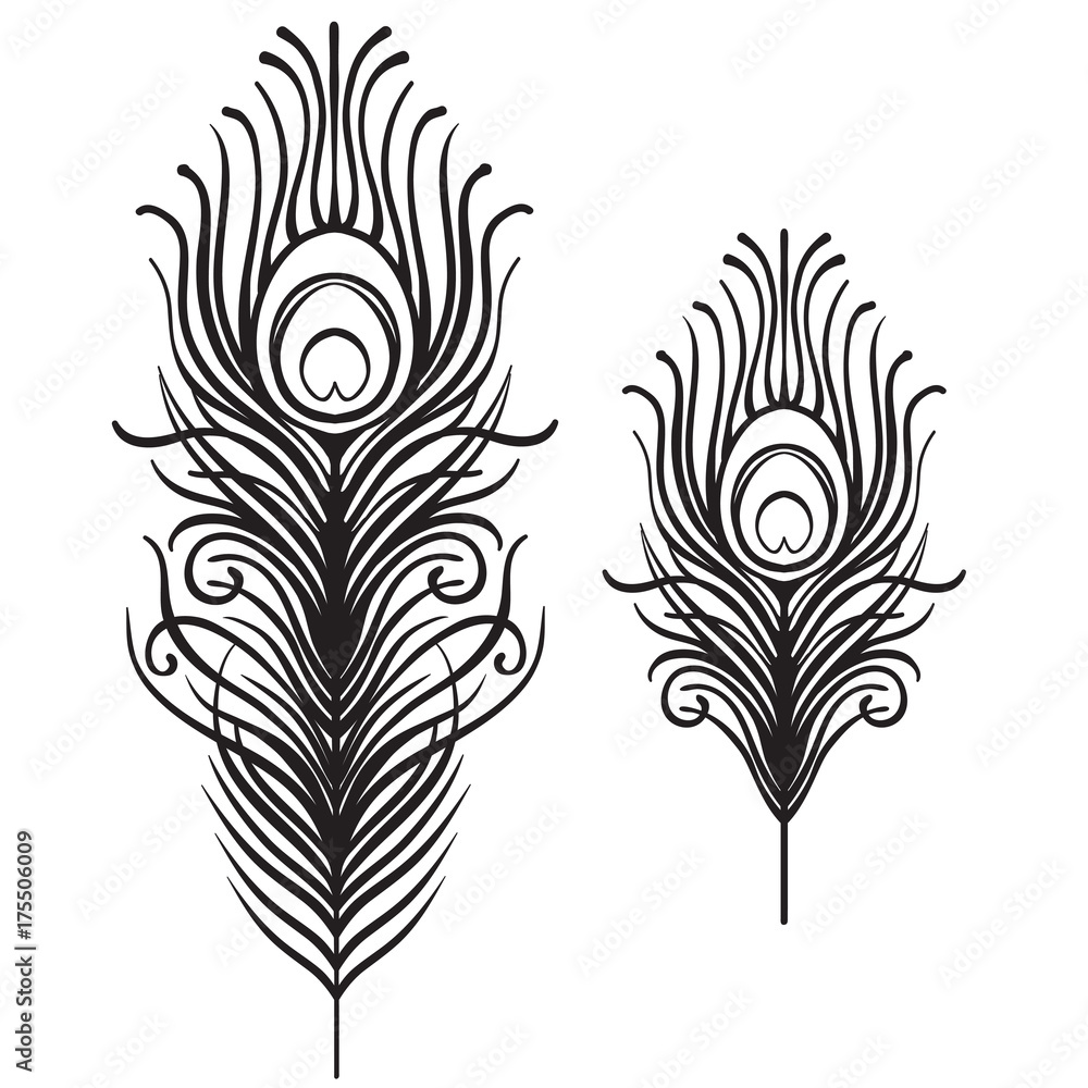 Set of two isolated feathers. Retro hand drawn vector illustration. Art deco style. Vector. Roaring 1920's design. Jazz era inspired . 20's. Vintage Temporary tattoo design, textile Stock Vector