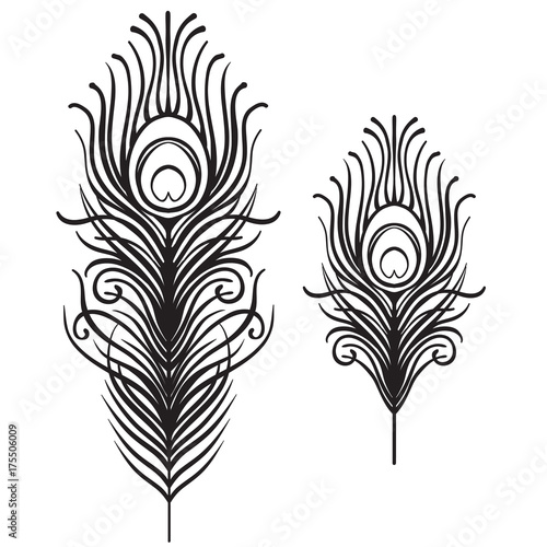 Set of two isolated feathers. Retro hand drawn vector illustration. Art deco style. Vector. Roaring 1920's design. Jazz era inspired . 20's. Vintage Temporary tattoo design, textile
