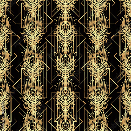 Art deco style geometric seamless pattern in black and gold. Vector illustration. Roaring 1920's design. Jazz era inspired . 20's. Vintage Fabric, textile, wrapping paper, wallpaper.