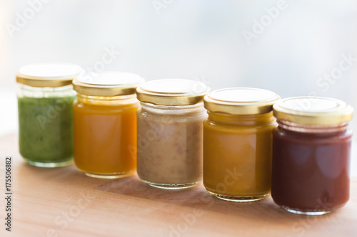 vegetable or fruit puree or baby food in jars