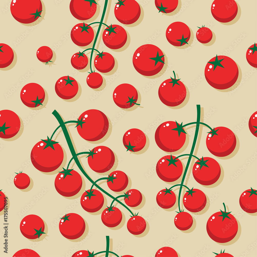 Seamless pattern of cherry tomatoes. Small tomatoes on a craft background. Decorative pattern for wrapping paper, fabric, wallpaper. Seamless pattern of cherry tomatoes. Small tomatoes on a craft background. Decorative pattern for wrapping paper, fabric, wallpaper.