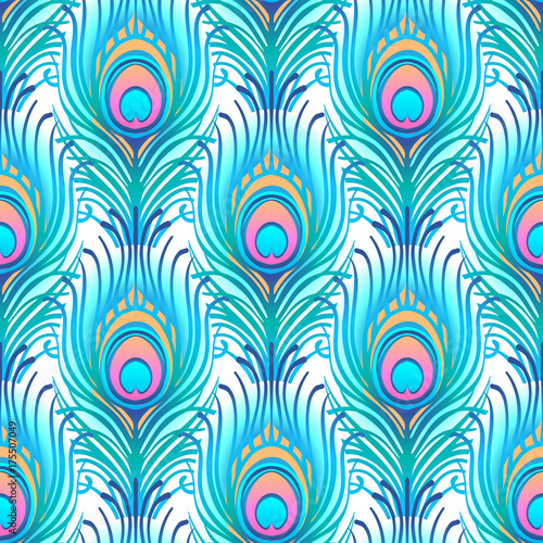 Peacock pale pink seamless vector pattern. Peafowl abstract feathers tiled print for textile or wrap paper. Hand drawn vintage