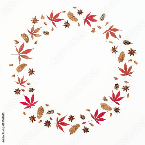 Wallpaper Mural Round frame of autumn leaves and pine cones on white background. Flat lay, top view, copy space. Torontodigital.ca