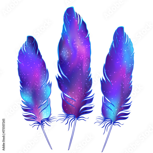 Magic feathers with space texture inside. Trendy hipster element, logotype, tattoo design sketch. Colorful gradient. Isolated vector illustration.